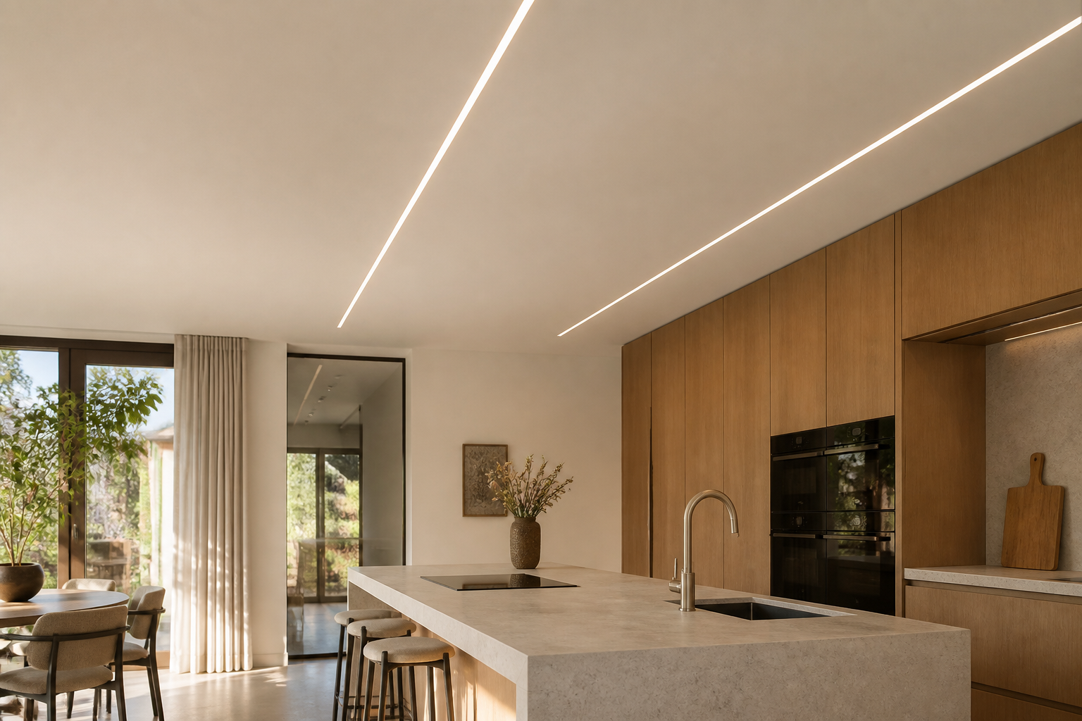 Spanplafond met geïntegreerde lichtlijnen in een moderne woonkeuken
